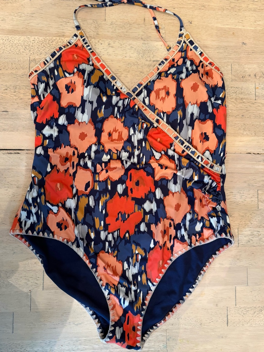Boden Wrap Halter Women’s One Piece- Blue/ Coral Ikat Sz 16/18